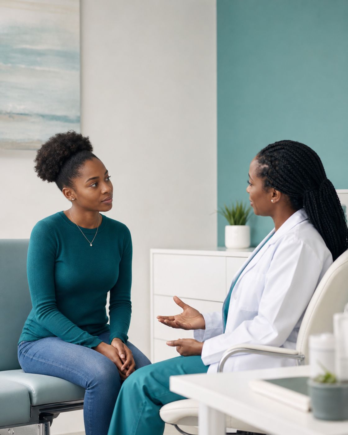 Clinician in consultation with a patient in a naturally lit Gauteng consulting room